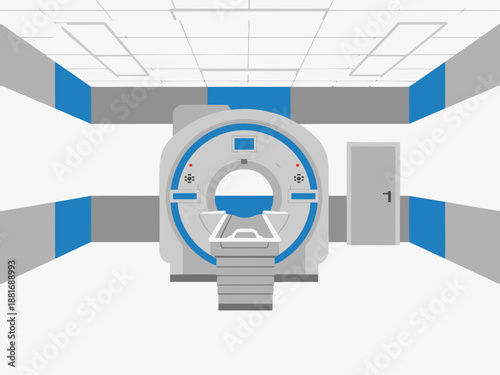Modern MRI room interior featuring a large scanner. Clean, clinical design with blue and gray accents. Ideal for medical, healthcare, or hospital visuals.