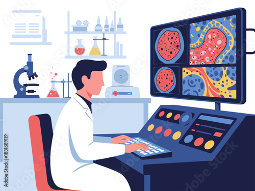 A researcher analyzes a medical scan on a computer screen in a modern lab. Focused detail and vibrant colors showcase scientific discovery. Professional and informative.