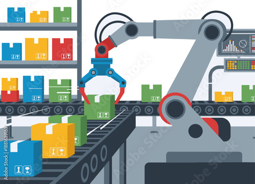 A robotic arm efficiently sorts colorful boxes on a conveyor belt, monitored by a digital display. Modern industrial automation, clean design, and high-tech workflow.