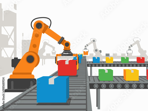 Robotic arms efficiently sort colorful boxes on a conveyor belt in a modern factory setting. A clean, industrial aesthetic highlights automation and productivity.