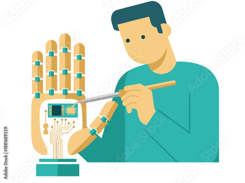 A technician meticulously soldering a bionic circuit onto a robotic hand. A clean, modern illustration highlights precision and technology. Suitable for tech, engineering, and innovation themes.