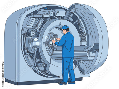 A technician repairs a CT scanner, showcasing intricate mechanical details. Focused composition highlights the repair process and skilled maintenance.