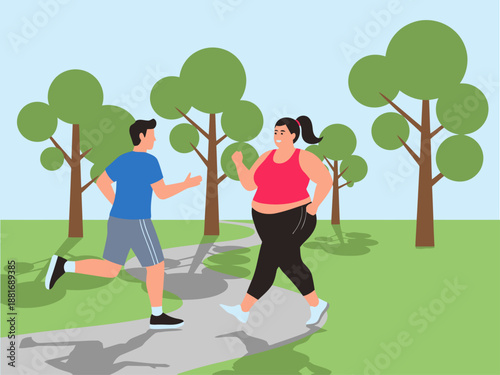 Two people jog together in a park. Inclusive fitness scene with a sunny backdrop. Vibrant and active lifestyle illustration.