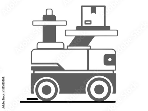 A warehouse robot delivers a box. Clean, modern icon design. Ideal for logistics, delivery, and automation themes. Vector illustration.