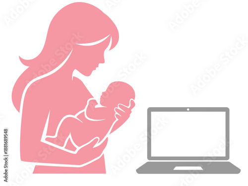 A woman balances motherhood and work, breastfeeding while using a laptop. A modern, supportive image for family and work-life balance concepts.