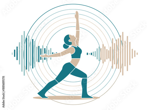 A woman in a yoga flow pose is surrounded by a rhythmic sound wave graphic. This vibrant illustration promotes wellness and balance. Perfect for health & fitness marketing.