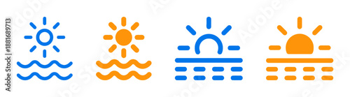 Set of sun over water, sunrise and sunset outline icons