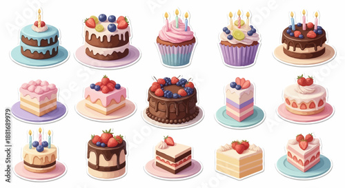 Colorful illustrations of 37 assorted cakes with berries and candles on plates