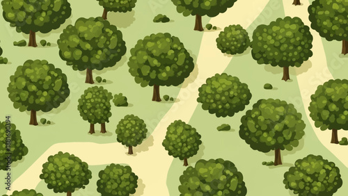 Seamless Landscape Pattern: An illustrated aerial view pattern of a vibrant woodland, showcasing a network of winding paths that meander through clusters of green leafy trees.