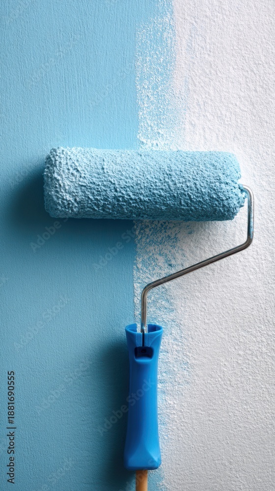 Obraz premium Paint roller with blue paint, renovation and home improvement concept