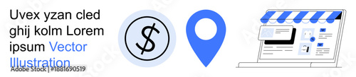 E-commerce, navigation, business, online retail, digital marketing, location services. Includes a dollar symbol, a location marker and a storefront interface. E-commerce and navigation concept