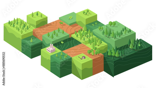 Geometric Land: A geometric art illustration of diverse landscapes is meticulously crafted with layers of various land formations and trees in a stylized depiction.