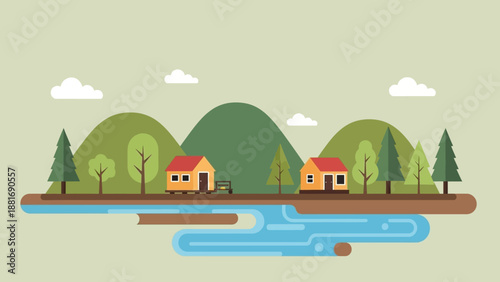 Village near River: A serene village nestles harmoniously beside a flowing river. A landscape of lush greenery. This scene captures the beauty and tranquility of rural life.