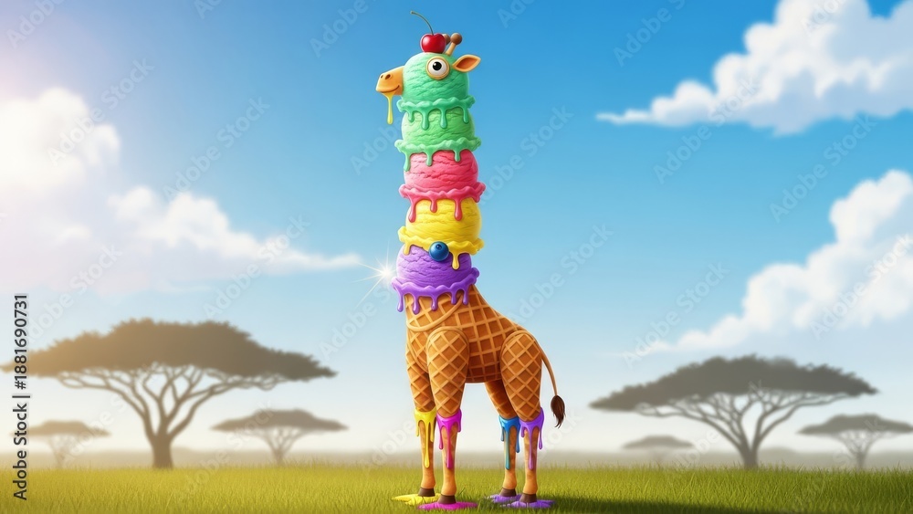 Naklejka premium Giraffe balancing colorful objects