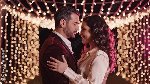 A romantic valentine's day dance scene under hanging fairy lighta at night. Young couple at night