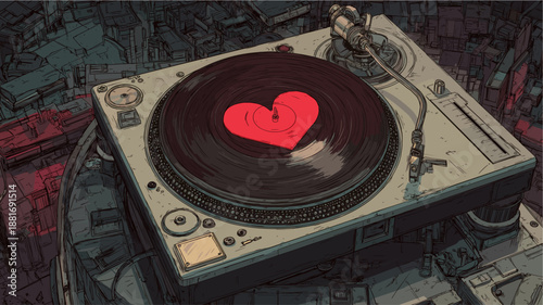 Drummer performing on a city rooftop at sunset, playing a song about love. Drummer playing love song on urban rooftop