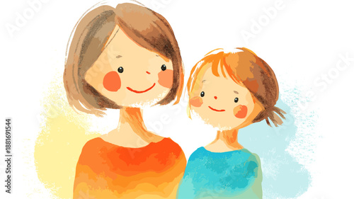 Watercolor illustration depicting a mother embracing her happy child with warmth and care. Mother and child smiling showing love and connection