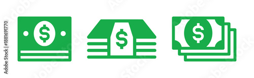 Stack of green money bills icon set