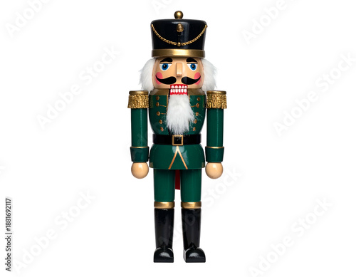 A standing wooden Christmas figure with green uniform, black boots, and a decorative hat