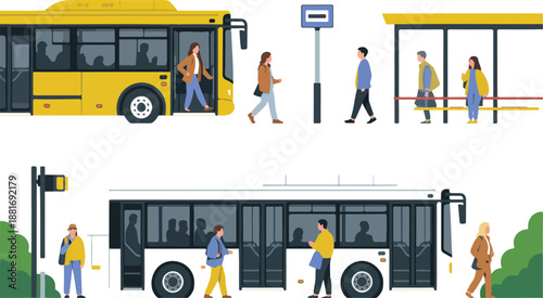 City Bus Stop Scene Vector – Passengers Boarding and Waiting