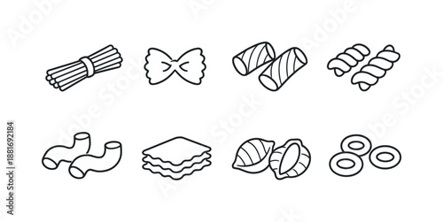 Hand-drawn outline set of assorted pasta shapes including spaghetti, farfalle, rigatoni, fusilli, macaroni, lasagna sheets, shells and rings