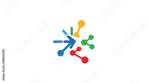 Colorful flat lay of connected network nodes and links on white background.