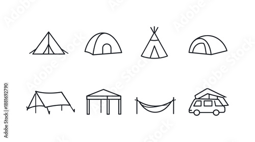 Minimal line icon set of camping shelters and gear including tents, teepee, canopy, hammock, and camper van for outdoor adventure design