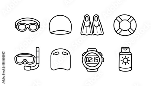 Minimal line art set of swimming and snorkeling gear icons including goggles, cap, fins, lifebuoy, snorkel mask, kickboard, watch, and sunscreen