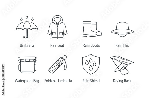 Minimal line icon set of rainy weather essentials featuring umbrella, raincoat, rain boots, waterproof bag, foldable umbrella, shield, drying rack