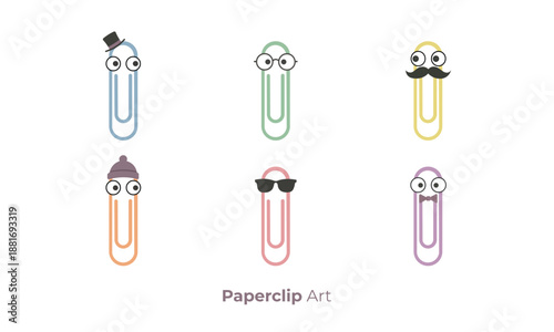 2d Flat Minimalistic Vector of Cartoon style a set of Paperclips with various style googly eyes.