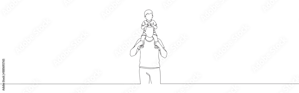 Obraz premium Continuous one line drawing of a father carrying his son on his shoulders, joyfully bonding together