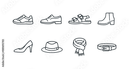 Minimal line art set of fashion accessories including shoes, boots, heel, sandal, hat, scarf, and belt icons in simple outline style