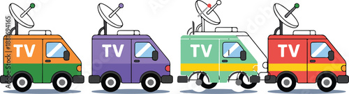 News Broadcasting Van Vector Set – Satellite Antenna Reporting Vehicle