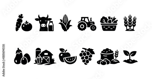 Black silhouette set of farm and agriculture icons featuring vegetables, dairy cow, corn, tractor, harvested crops, fruits, barn, and seedlings