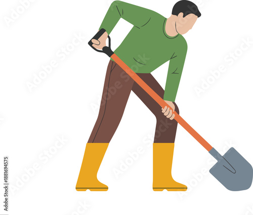 Happy Farmer Digging Soil with Shovel – Agriculture Character Vector