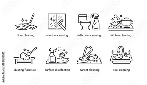Set of minimalist line icons showing household cleaning tasks including floors, windows, bathroom, kitchen, dusting, disinfection, carpets, and sinks