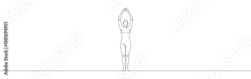 One continuous line drawing of woman doing yoga or ballet, stretching arms above head. Minimalist style