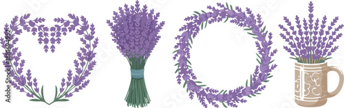 Violet Lavender Twigs Bouquet, Wreath, and Vase – Vector Set
