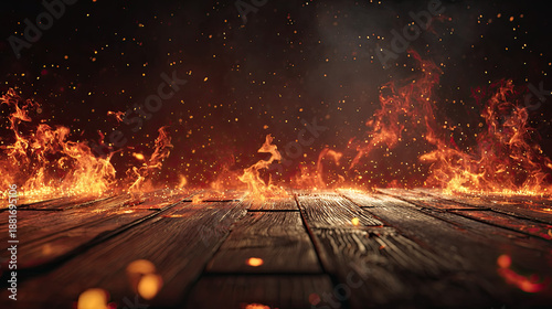 Blank wooden table with fire and smoke concept. Dynamic flames with sparks illuminating a dark wooden background.