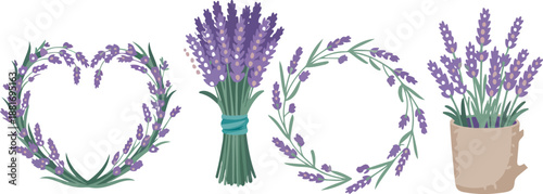 Violet Lavender Twigs Bouquet, Wreath, and Vase – Vector Set