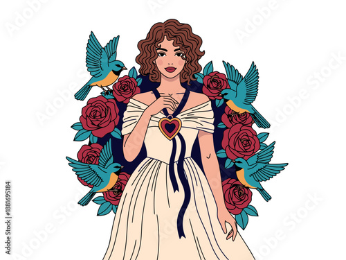 Woman in White Dress with Heart Locket and Swallows