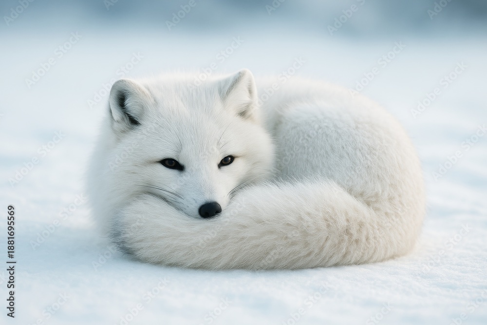 Fototapeta premium Arctic fox curled up in snow with soft light and blurred background, showcasing winter wildlife in a peaceful and serene natural setting. Ai generative
