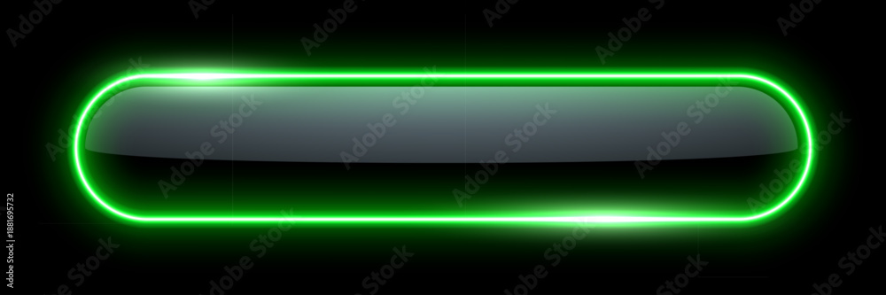 Obraz premium Neon glow light rounded rectangle frame. Led rectangular game button. Green light outline on black with soft luminous effect. Futuristic UI element. Modern colorful geometric vector illustration.