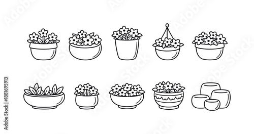 Minimal black and white line art set of assorted potted flowers and succulents in planters, bowls, hanging basket, and stacked pots illustration