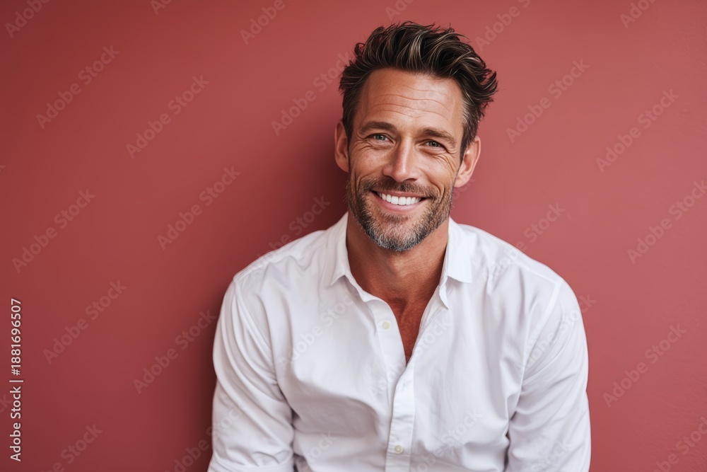 Obraz premium grinning man in his 40s wearing a classic white shirt in solid color backdrop