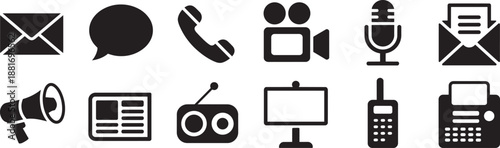 Communication media and technology icons set illustration various contact and electronic devices silhouette collection