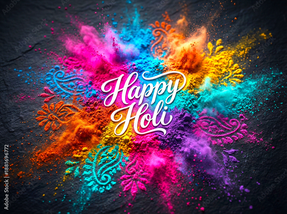 Fototapeta premium Happy holi greetings design with vibrant colorful powder on dark background
