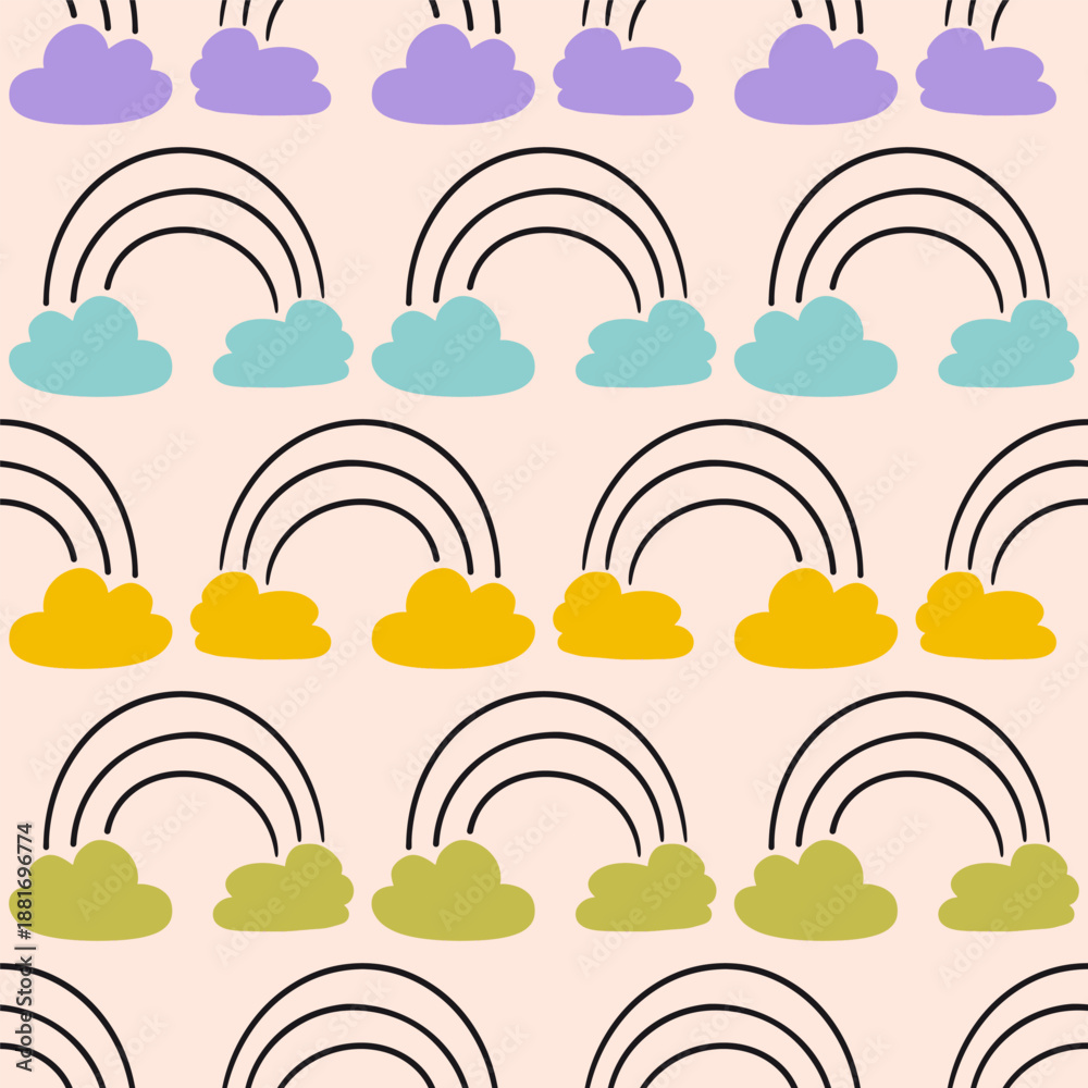 Fototapeta premium Multicolor Clouds with Line Rainbows Vector Seamless Pattern