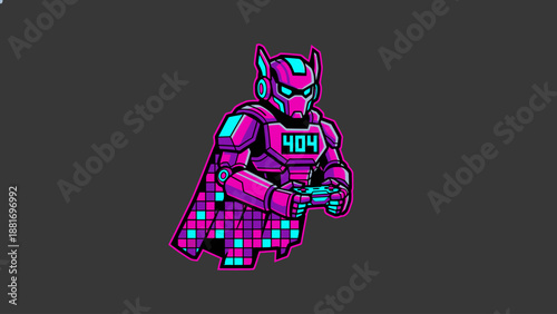 Neon Cyborg Gamer Mascot with 404 Error Display, Retro Synthwave Style Illustration