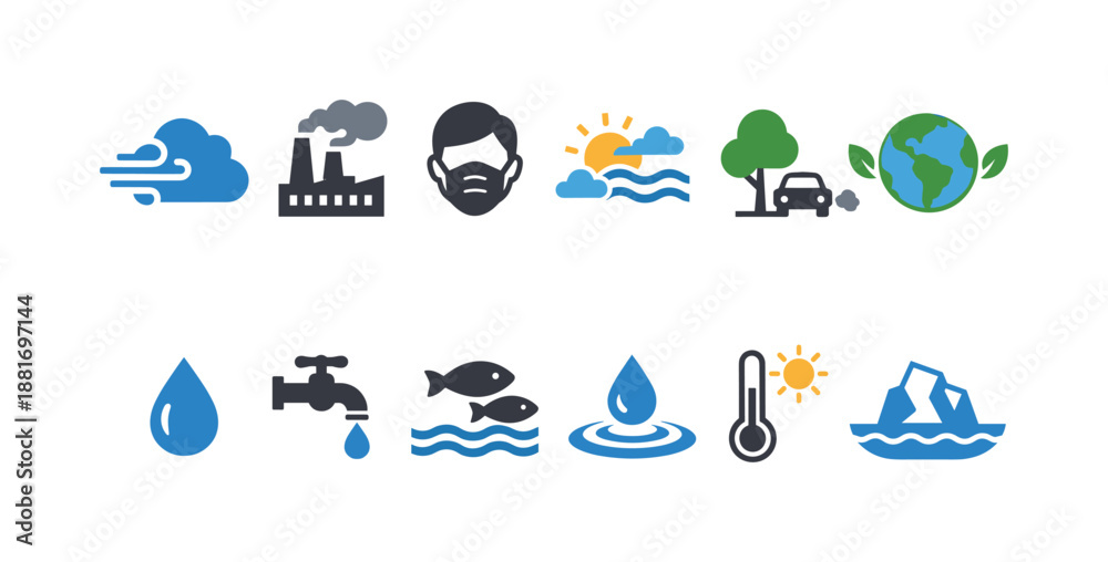 Fototapeta premium Environmental impact icon set showing air pollution, mask, industry emissions, clean energy, water conservation, wildlife, climate warming, and melting ice